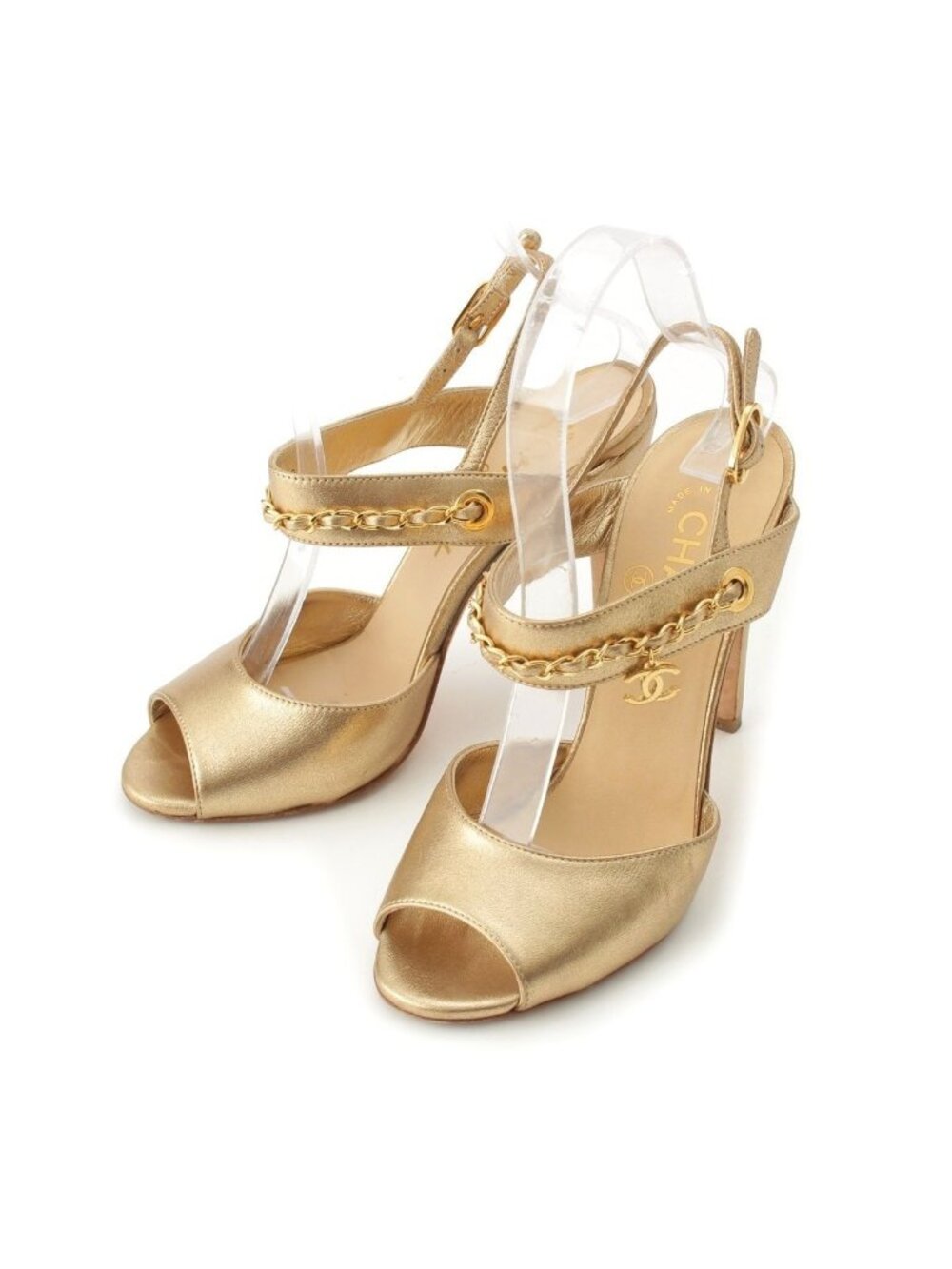 Chanel Leather CC Logo Chain Heels Clover Sandals Gold
